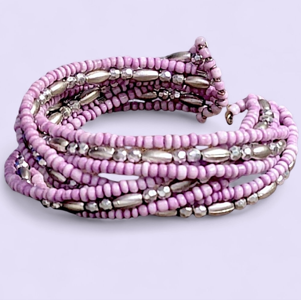 💜 Beautiful Purple And Silver Wrap  Beaded Adjustable Bracelet